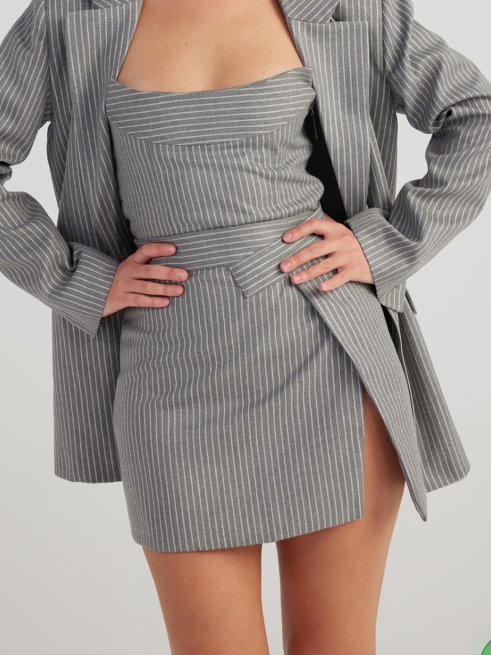 Striped Gray Pinstripe Mini Skirt - Tailored High-Waist Style